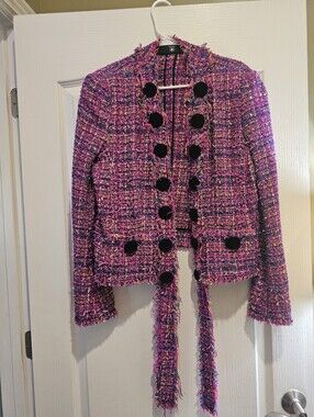 Balmain Pink Tweed Fringe Blazer with Black Buttons
